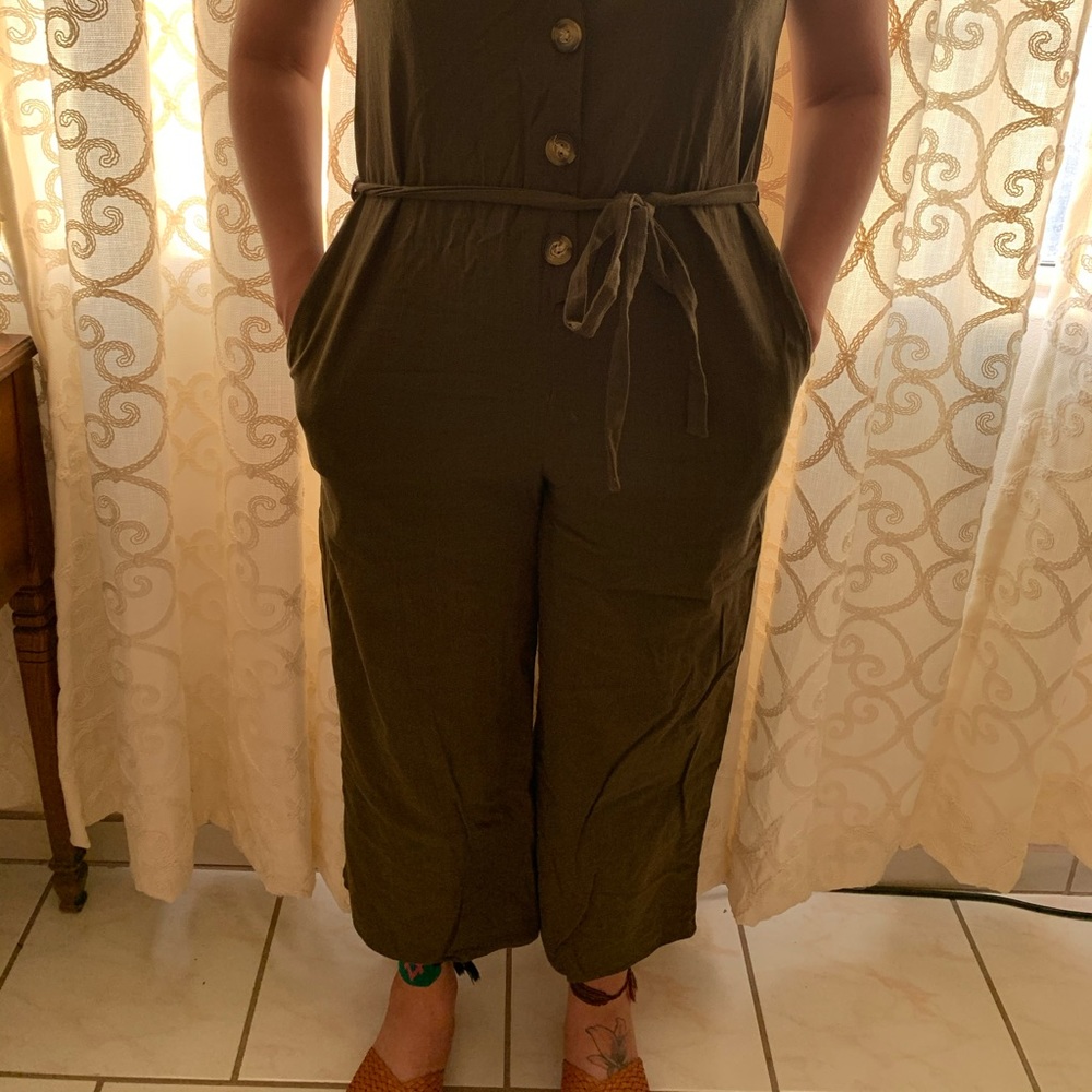 Military green linen blend  cropped jumpsuit